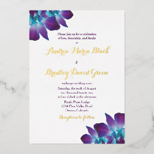 Blue Dendrobium Orchid Gold Wedding Invitation Folie Uitnodiging
