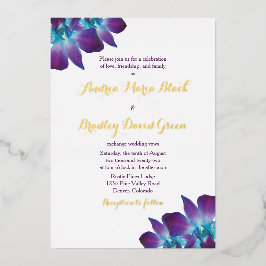 Blue Dendrobium Orchid Gold Wedding Invitation Folie Uitnodiging