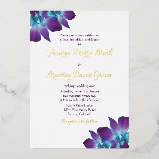 Blue Dendrobium Orchid Gold Wedding Invitation Folie Uitnodiging (Voorkant)