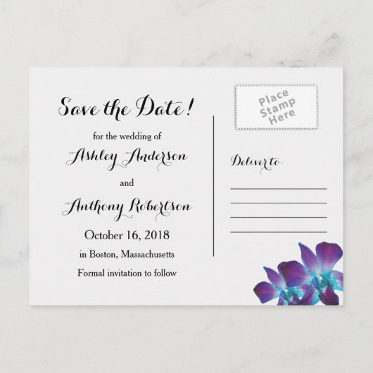 Blue Dendrobium Orchid Wedding Save the Date Aankondigingskaart (Achterkant)