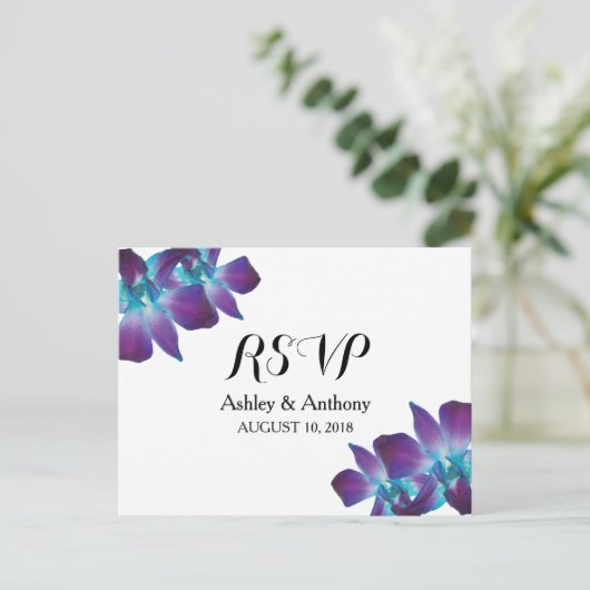 Blue Dendrobium Orchidee bruiloft RSVP Briefkaart (Staand voorkant)