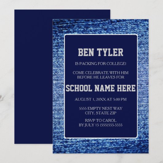 Blue Denim and Navy Blue Trunk Party Invitation Kaart (Voorkant / Achterkant)
