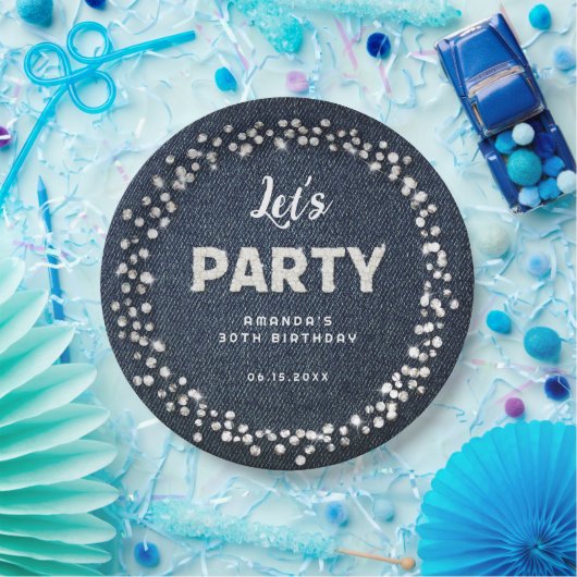 Blue Denim Diamonds Glitter Rhinestone Let's Party Papieren Bordje (Feest)