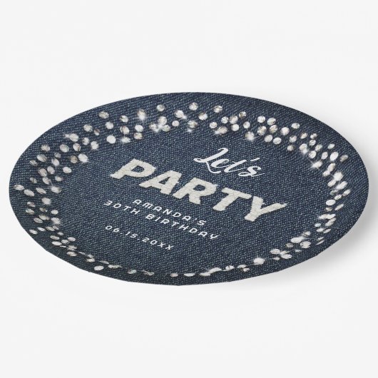 Blue Denim Diamonds Glitter Rhinestone Let's Party Papieren Bordje (Gekanteld)