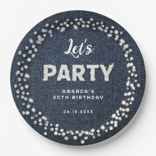 Blue Denim Diamonds Glitter Rhinestone Let's Party Papieren Bordje