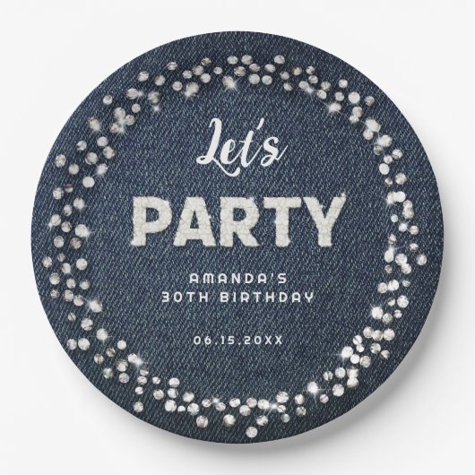 Blue Denim Diamonds Glitter Rhinestone Let's Party Papieren Bordje (Voorkant)