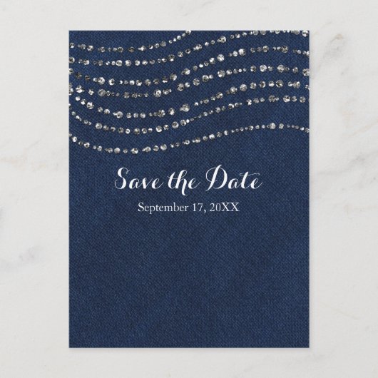 Blue Denim & Diamonds Sparkle Bling Save The Date Aankondigingskaart (Voorkant)