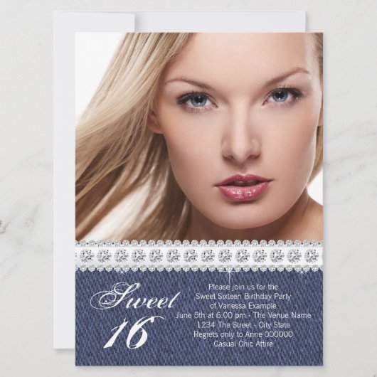 Blue Denim en Diamond Sweet Sixteen Party Kaart (Voorkant)
