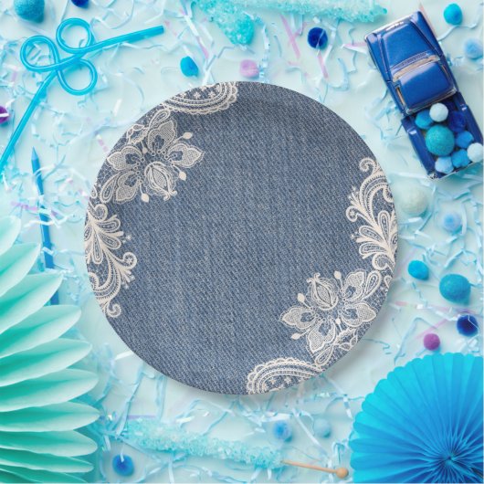 Blue Denim en White Lace Shabby Chic Paper Bord (Feest)