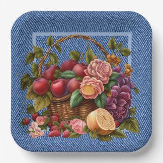 Blue Denim Fruit And Flowers Papieren Bordje