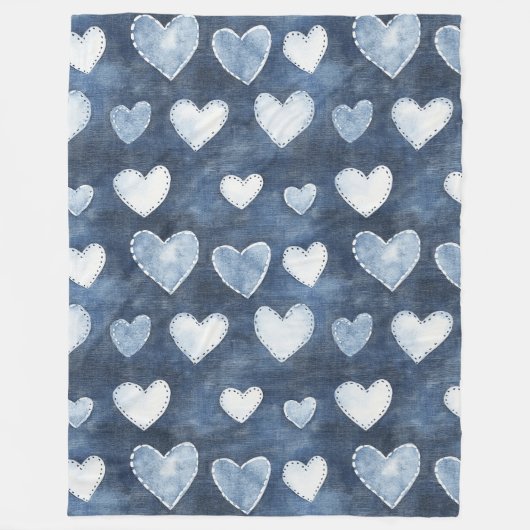 Blue Denim Hearts Fleece Deken (Voorkant)