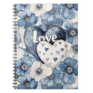 Blue Denim Hearts Flowers Love Notitieboek