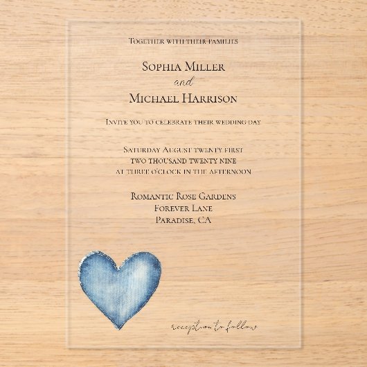 Blue Denim Jean Heart Wedding Acryl Uitnodigingen (Voorkant)