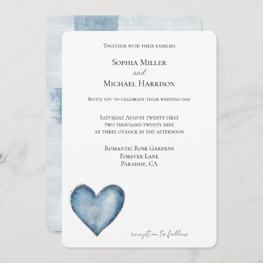 Blue Denim Jean Heart Wedding Kaart (Voorkant / Achterkant)