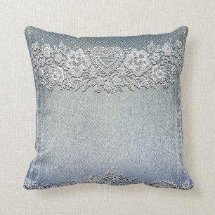 Blue Denim Jean & White Heart Lace Kussen