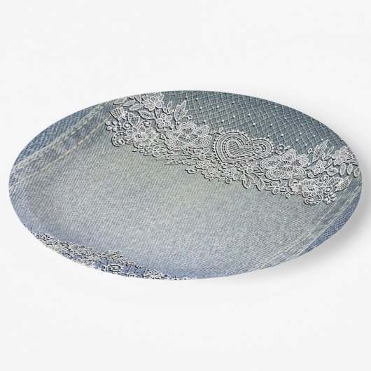 Blue Denim Jean & White Heart Lace Vrijgezellenfee Papieren Bordje (Gekanteld)