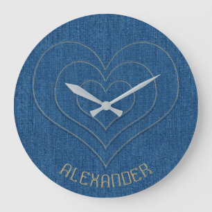 Blue Denim Jeans Fabric 3 Hearts Name Persoonlijk Grote Klok