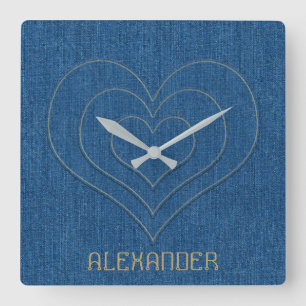 Blue Denim Jeans Fabric 3 Hearts persoonlijke naam Vierkante Klok