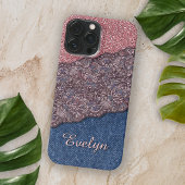 Blue Denim Jeans Roos Goud Roze Glitter Patroon Case-Mate iPhone Case