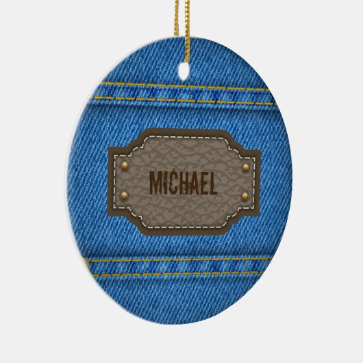 Blue denim jeans with leather name label keramisch ornament (Rechts)