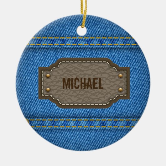 Blue denim jeans with leather name label keramisch ornament (Voorkant)
