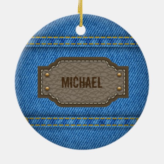 Blue denim jeans with leather name label keramisch ornament (Achterkant)