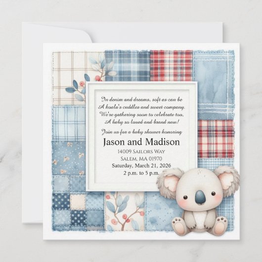 Blue Denim Koala Baby Shower Invitation Kaart (Voorkant)