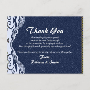 Blue Denim Lace Country Wedding Dank je wel Briefkaart