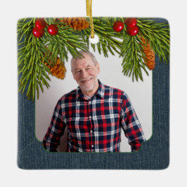 Blue Denim Pine Boughs Memorial Foto met kerstmis Keramisch Ornament