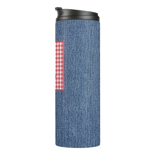 Blue Denim, Red & White Check, groot Initiaal 12 o Thermosbeker (Geroteerd rechts)