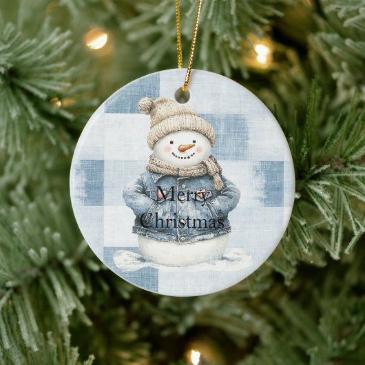 Blue Denim Snowman Christmas Keramisch Ornament (Boom)