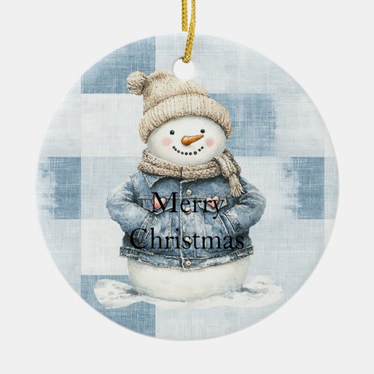 Blue Denim Snowman Christmas Keramisch Ornament (Voorkant)