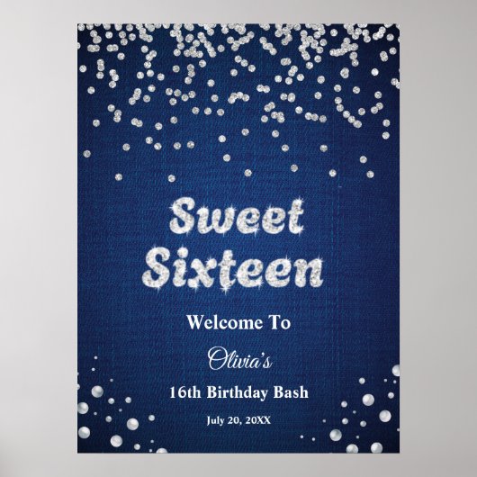 Blue Denim Sweet Sixteen 16e verjaardag Welkom Poster (Voorkant)