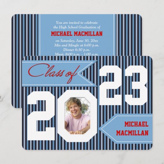 Blue, Denim, White, Red Photo Afstuderen Invite Kaart (Voorkant / Achterkant)