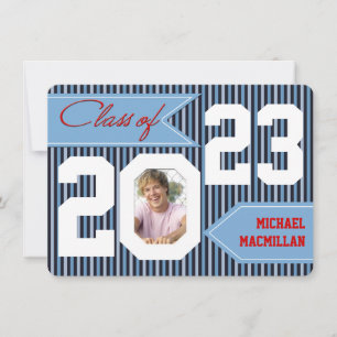 Blue, Denim, White, Red Photo Afstuderen Invite Kaart