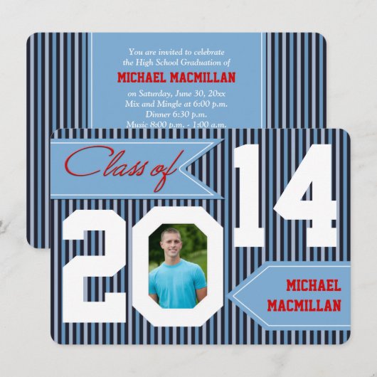 Blue, Denim, White, Red Photo Afstuderen Invite Kaart (Voorkant / Achterkant)