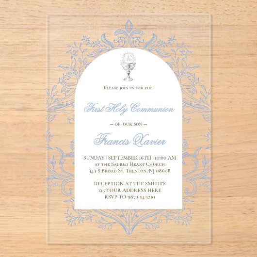 blue design First Holy Communion Acryl Uitnodigingen (Voorkant)
