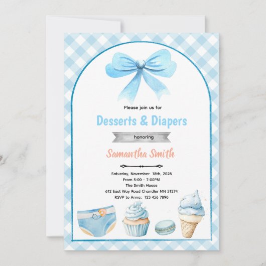 Blue Desserts and Diapers Baby shower Invitation Kaart (Voorkant)