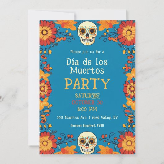 💀🎉 Blue Día de Muertos Party Uitnodiging (Voorkant)