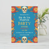 💀🎉 Blue Día de Muertos Party Uitnodiging (Staand voorkant)