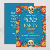 💀🎉 Blue Día de Muertos Party Uitnodiging (Voorkant / Achterkant)