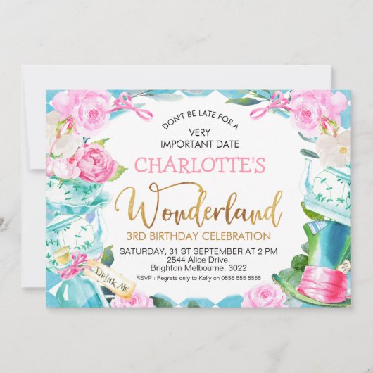 Blue Diamond Alice in Wonderland Birthday Kaart (Voorkant)