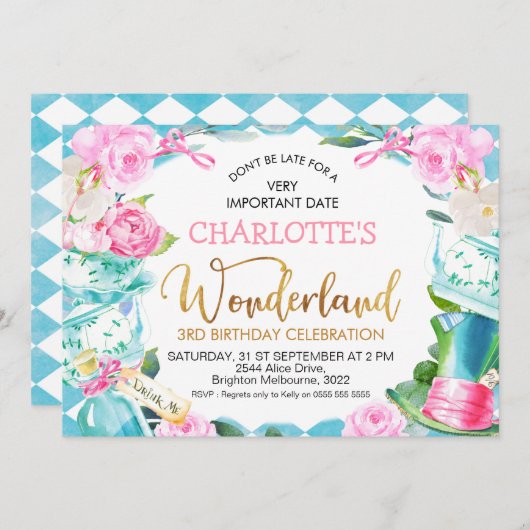 Blue Diamond Alice in Wonderland Birthday Kaart (Voorkant / Achterkant)