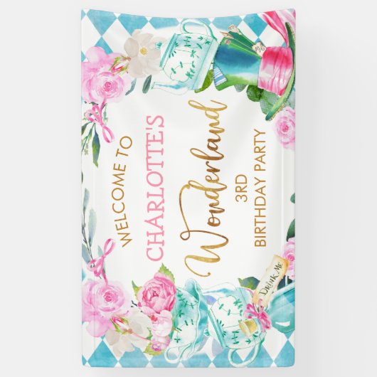 Blue Diamond Alice in Wonderland Birthday Spandoek (Verticaal)