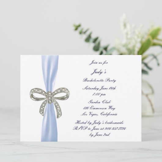 Blue Diamond Bow Bachelorette Party Uitnodiging (Staand voorkant)