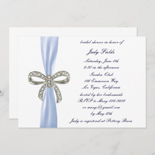 Blue Diamond Bow Bruids Douche Uitnodiging (Voorkant / Achterkant)
