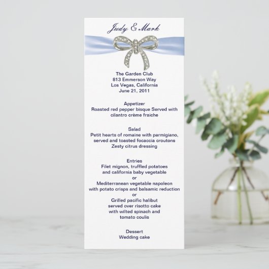 Blue Diamond Bow Bruiloft Menu Kaart (Staand voorkant)