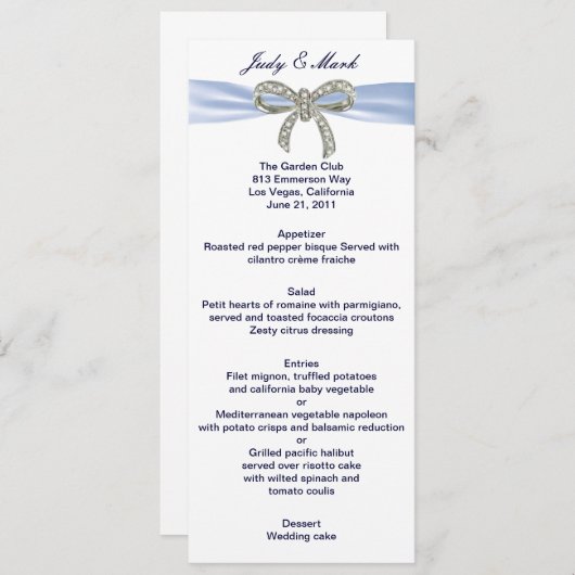Blue Diamond Bow Bruiloft Menu Kaart (Voorkant / Achterkant)