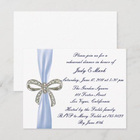 Blue Diamond Bow Bruiloft repetitie diner uitnodig Kaart (Voorkant / Achterkant)