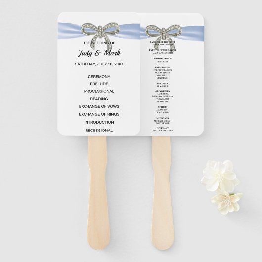 Blue Diamond Bow Wedding Programme Handwaaier (Voorkant en achterkant)
